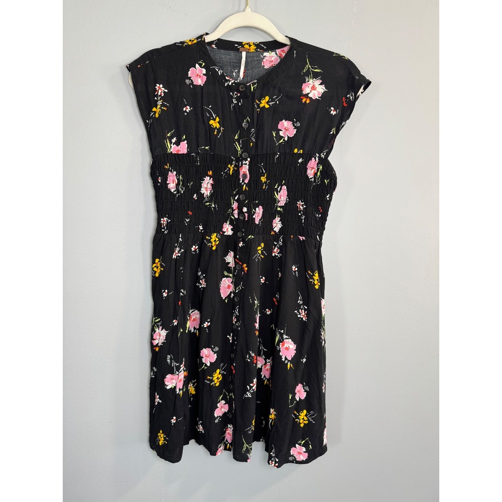 Free People Black Floral Smocked Button Front Cap Sleeve Mini Dress Size S‎